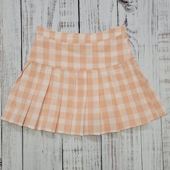 Blue Blush Women's Small Peach Plaid Pleated School Girl Mini Skirt - Picture 3 of 6